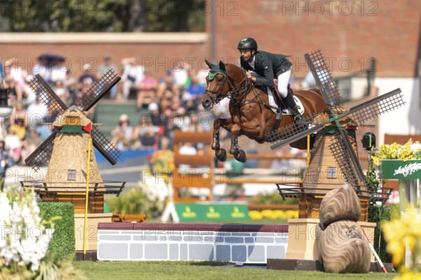 Yuri Mansur of Brazil, riding Cupfer, competes in the first round of the 2025 BMO Nations Cup during the Spruce Meadows Masters on September 6, 2025 in Calgary, Alberta, Canada, North America