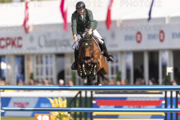 Jordan Coyle of Ireland, riding Chaccolino, competes in the first round of the 2025 BMO Nations Cup during the Spruce Meadows Masters on September 6, 2025 in Calgary, Alberta, Canada, North America