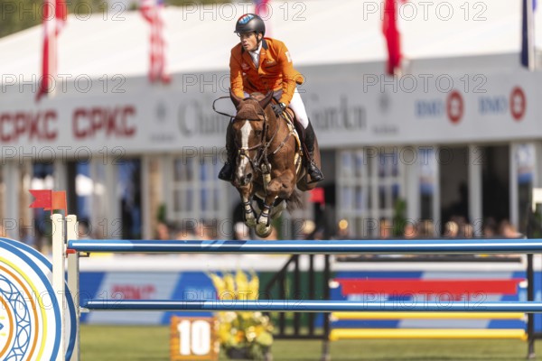 Willem Greve of the Netherlands, riding Pretty Woman Van't Paradujs, competes in the first round of the 2025 BMO Nations Cup during the Spruce Meadows Masters on September 6, 2025 in Calgary, Alberta, Canada, North America