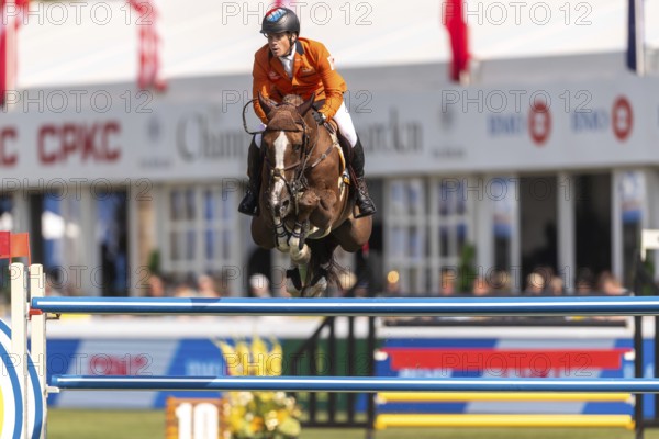Willem Greve of the Netherlands, riding Pretty Woman Van't Paradujs, competes in the first round of the 2025 BMO Nations Cup during the Spruce Meadows Masters on September 6, 2025 in Calgary, Alberta, Canada, North America