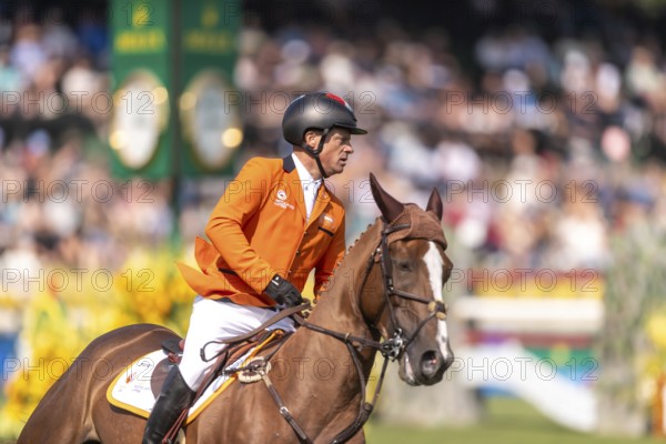 Willem Greve of the Netherlands, riding Pretty Woman Van't Paradujs, competes in the first round of the 2025 BMO Nations Cup during the Spruce Meadows Masters on September 6, 2025 in Calgary, Alberta, Canada, North America