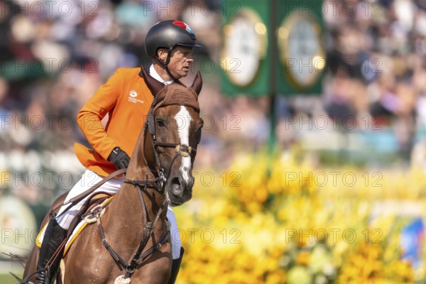 Willem Greve of the Netherlands, riding Pretty Woman Van't Paradujs, competes in the first round of the 2025 BMO Nations Cup during the Spruce Meadows Masters on September 6, 2025 in Calgary, Alberta, Canada, North America
