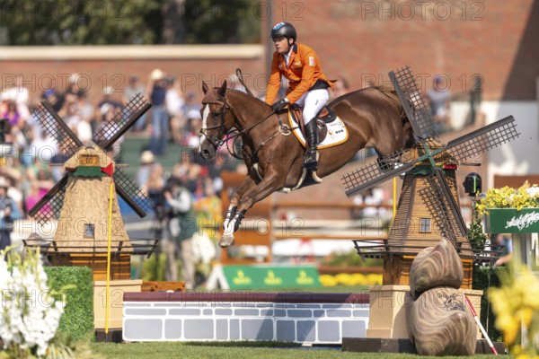 Willem Greve of the Netherlands, riding Pretty Woman Van't Paradujs, competes in the first round of the 2025 BMO Nations Cup during the Spruce Meadows Masters on September 6, 2025 in Calgary, Alberta, Canada, North America