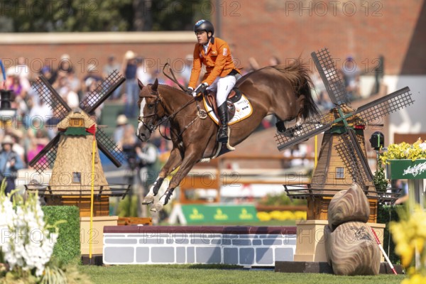 Willem Greve of the Netherlands, riding Pretty Woman Van't Paradujs, competes in the first round of the 2025 BMO Nations Cup during the Spruce Meadows Masters on September 6, 2025 in Calgary, Alberta, Canada, North America