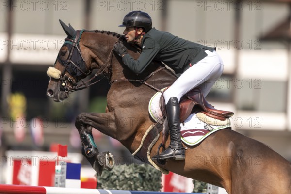 Pedro Junquiera Muylaert of Brazil, riding Quax 76, competes in the first round of the 2025 BMO Nations Cup during the Spruce Meadows Masters on September 6, 2025 in Calgary, Alberta, Canada, North America