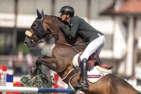 Pedro Junquiera Muylaert of Brazil, riding Quax 76, competes in the first round of the 2025 BMO Nations Cup during the Spruce Meadows Masters on September 6, 2025 in Calgary, Alberta, Canada, North America