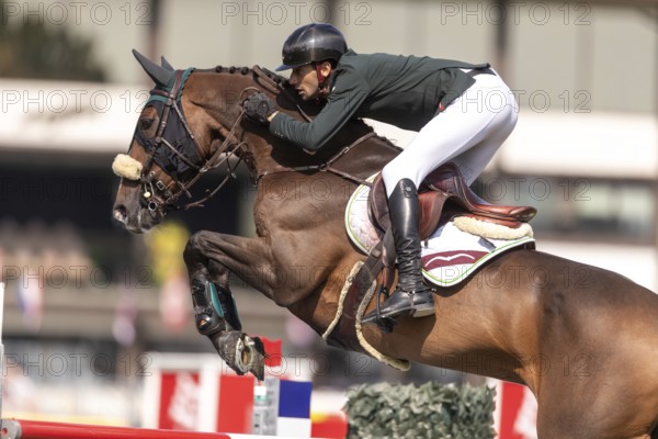 Pedro Junquiera Muylaert of Brazil, riding Quax 76, competes in the first round of the 2025 BMO Nations Cup during the Spruce Meadows Masters on September 6, 2025 in Calgary, Alberta, Canada, North America