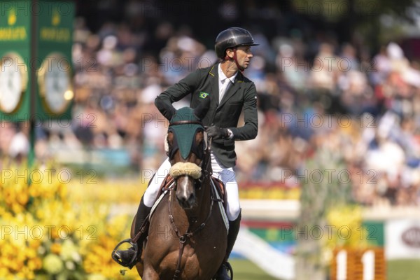 Pedro Junquiera Muylaert of Brazil, riding Quax 76, competes in the first round of the 2025 BMO Nations Cup during the Spruce Meadows Masters on September 6, 2025 in Calgary, Alberta, Canada, North America