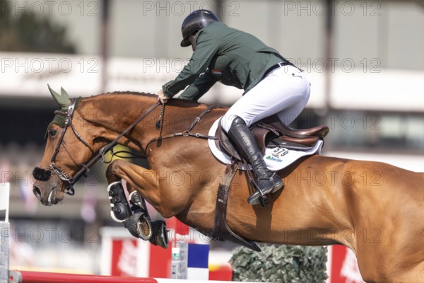 Jordan Coyle of Ireland, riding Chaccolino, competes in the first round of the 2025 BMO Nations Cup during the Spruce Meadows Masters on September 6, 2025 in Calgary, Alberta, Canada, North America