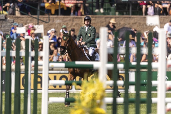 Jordan Coyle of Ireland, riding Chaccolino, competes in the first round of the 2025 BMO Nations Cup during the Spruce Meadows Masters on September 6, 2025 in Calgary, Alberta, Canada, North America