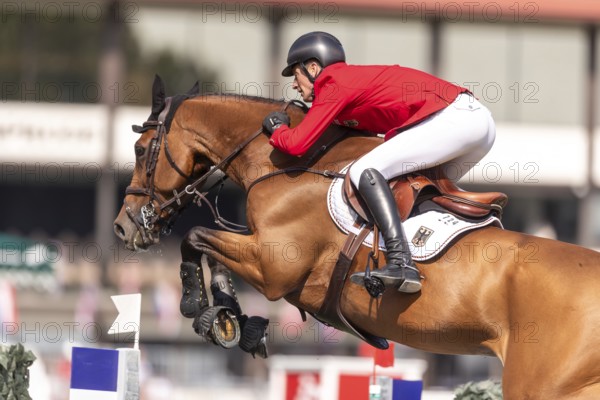 Daniel Deusser of Germany, riding Ganster VH Noddevelt, competes in the first round of the 2025 BMO Nations Cup during the Spruce Meadows Masters on September 6, 2025 in Calgary, Alberta, Canada, North America