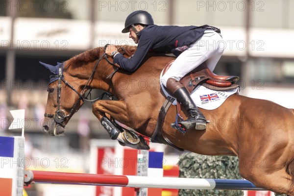 Joseph Stockdale of Great Britain, riding Ebanking, competes in the first round of the 2025 BMO Nations Cup during the Spruce Meadows Masters on September 6, 2025 in Calgary, Alberta, Canada, North America