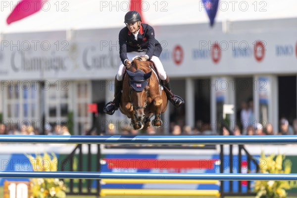 Joseph Stockdale of Great Britain, riding Ebanking, competes in the first round of the 2025 BMO Nations Cup during the Spruce Meadows Masters on September 6, 2025 in Calgary, Alberta, Canada, North America