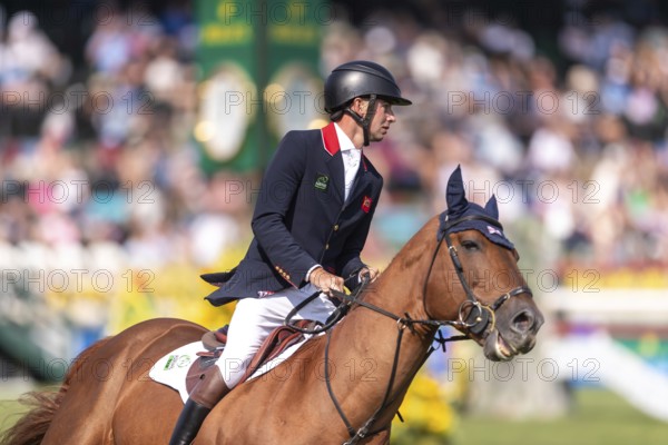 Joseph Stockdale of Great Britain, riding Ebanking, competes in the first round of the 2025 BMO Nations Cup during the Spruce Meadows Masters on September 6, 2025 in Calgary, Alberta, Canada, North America