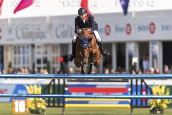 Joseph Stockdale of Great Britain, riding Ebanking, competes in the first round of the 2025 BMO Nations Cup during the Spruce Meadows Masters on September 6, 2025 in Calgary, Alberta, Canada, North America
