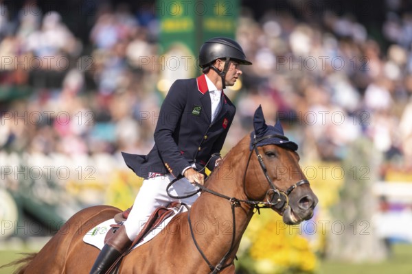 Joseph Stockdale of Great Britain, riding Ebanking, competes in the first round of the 2025 BMO Nations Cup during the Spruce Meadows Masters on September 6, 2025 in Calgary, Alberta, Canada, North America