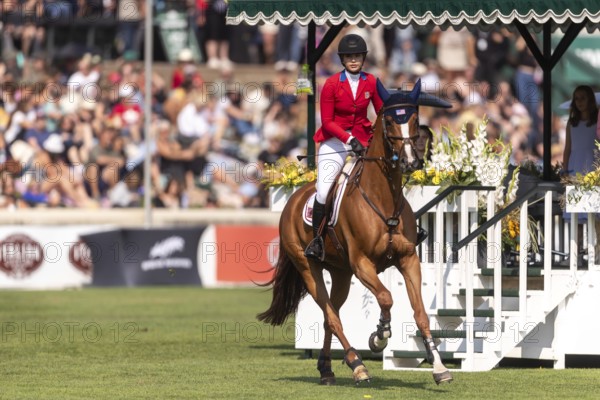 Elena Haas of the USA, riding Claude, competes in the first round of the 2025 BMO Nations Cup during the Spruce Meadows Masters on September 6, 2025 in Calgary, Alberta, Canada, North America