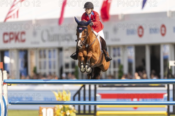 Elena Haas of the USA, riding Claude, competes in the first round of the 2025 BMO Nations Cup during the Spruce Meadows Masters on September 6, 2025 in Calgary, Alberta, Canada, North America