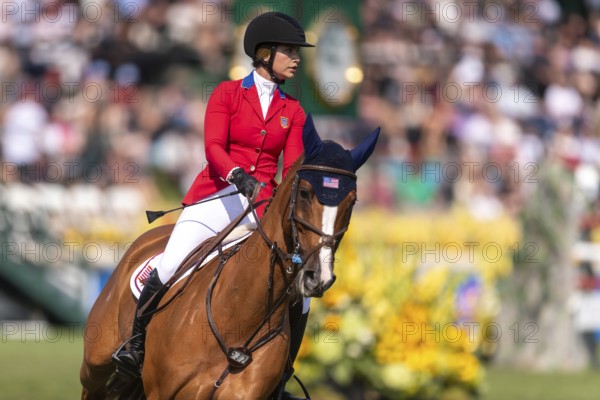 Elena Haas of the USA, riding Claude, competes in the first round of the 2025 BMO Nations Cup during the Spruce Meadows Masters on September 6, 2025 in Calgary, Alberta, Canada, North America