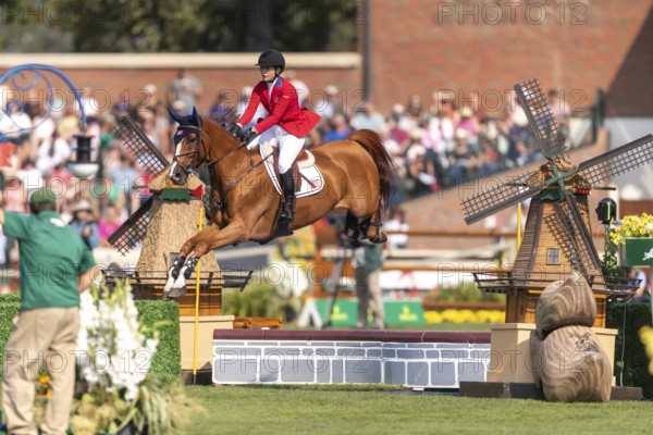 Elena Haas of the USA, riding Claude, competes in the first round of the 2025 BMO Nations Cup during the Spruce Meadows Masters on September 6, 2025 in Calgary, Alberta, Canada, North America