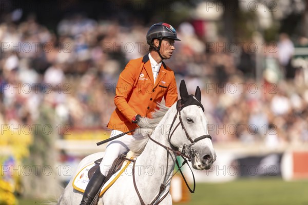 Kevin Jochems of the Netherlands, riding Camilla Van de Helle, competes in the first round of the 2025 BMO Nations Cup during the Spruce Meadows Masters on September 6, 2025 in Calgary, Alberta, Canada, North America