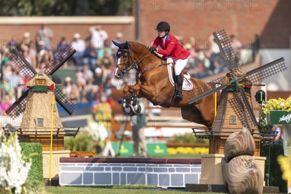 Elena Haas of the USA, riding Claude, competes in the first round of the 2025 BMO Nations Cup during the Spruce Meadows Masters on September 6, 2025 in Calgary, Alberta, Canada, North America