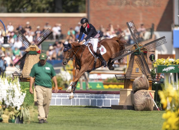 Joseph Stockdale of Great Britain, riding Ebanking, competes in the first round of the 2025 BMO Nations Cup during the Spruce Meadows Masters on September 6, 2025 in Calgary, Alberta, Canada, North America