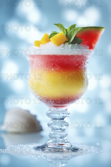 A colorful layered cocktail with mango, watermelon, and mint garnish, presented in a elegant glass, perfect for summer, AI generated