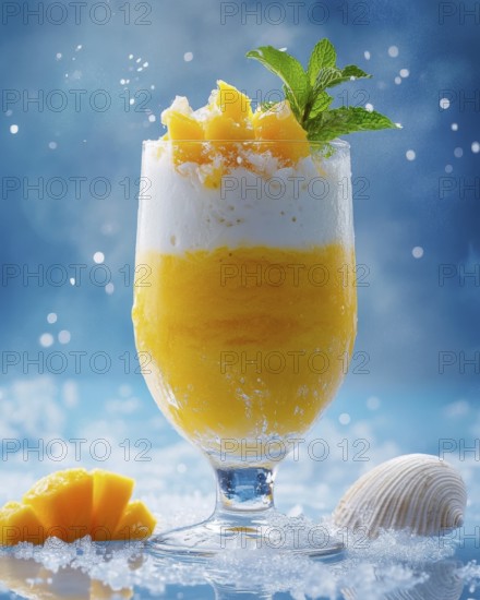 A vibrant mango smoothie is presented in a glass, garnished with fresh mint and mango chunks. A seashell and mango slices are placed near the glass, AI generated