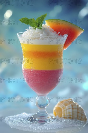 A refreshing layered cocktail with a watermelon slice and mint leaves, perfect for a hot day. The drink is beautifully presented in a stemmed glass, AI generated