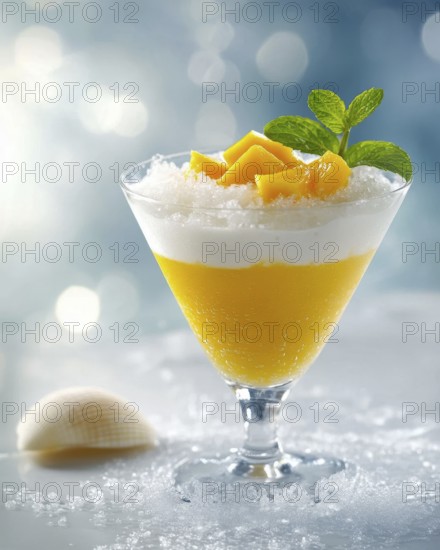 A vibrant dessert features layers of mango puree, coconut cream, and shaved ice, topped with fresh mango chunks and mint leaves, creating a tropical treat, AI generated