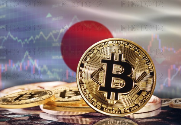Bitcoin with Japan flag in the background. Investors in cryptocurrency and Blockchain Technology in Japan, Concept