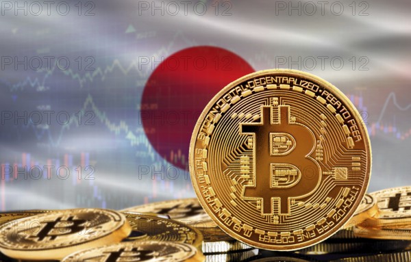 Investors in cryptocurrency and Blockchain Technology in Japan, Concept. Bitcoin with Japan flag in the background