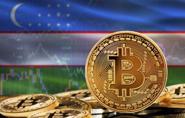 Investors in cryptocurrency and Blockchain Technology in Uzbekistan, Concept. Bitcoin with Uzbekistan flag in the background