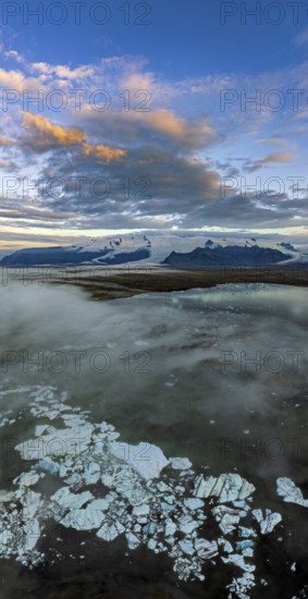 Ice floes, glacier, glacier lake, glacier lagoon, morning light, cloudy mood, panorama, summer, fog, aerial view, Jökulsarlon, Iceland