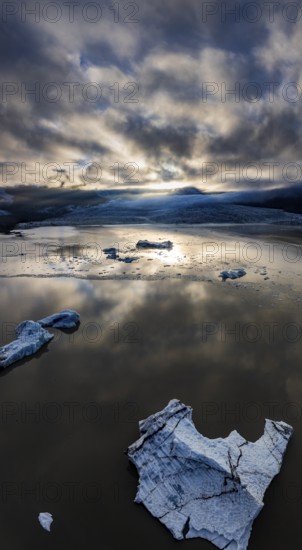 Glacier, glacial lake, cloudy mood, panorama, summer, fog, aerial view, Fjallsjökull, Iceland
