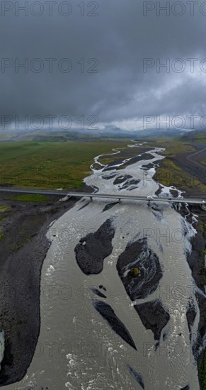River, river course, river delta, road, bridge, cloudy mood, panorama, summer, aerial view, South Iceland, Iceland
