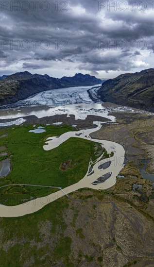 Ice floes, glacier, glacier lake, glacier lagoon, morning light, cloudy mood, panorama, summer, fog, aerial view, Svinafellsjökull, Skaftafell, Iceland