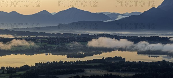 Lake, mountains, morning light, sunrise, fog, summer, panorama, Staffelsee, Murnau, Alpine foothills, Bavaria, Germany