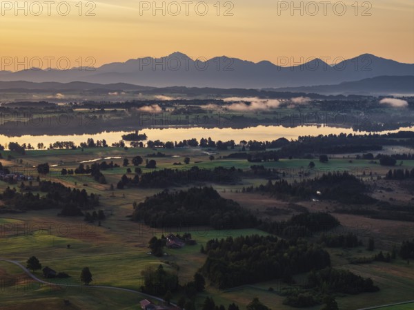 Lake, mountains, morning light, sunrise, fog, summer, Staffelsee, Murnau, Alpine foothills, Bavaria, Germany