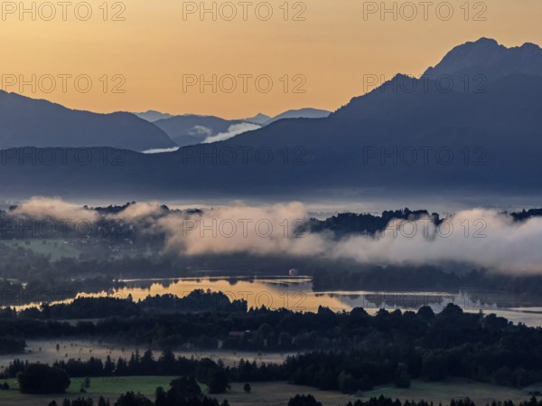 Lake, mountains, morning light, sunrise, fog, summer, Staffelsee, Murnau, Alpine foothills, Bavaria, Germany