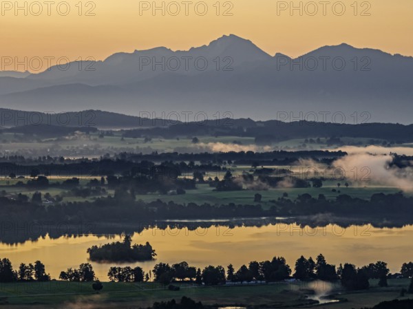 Lake, mountains, morning light, sunrise, fog, summer, Staffelsee, Murnau, Alpine foothills, Bavaria, Germany