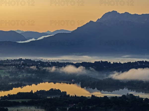 Lake, mountains, morning light, sunrise, fog, summer, Staffelsee, Murnau, Alpine foothills, Bavaria, Germany