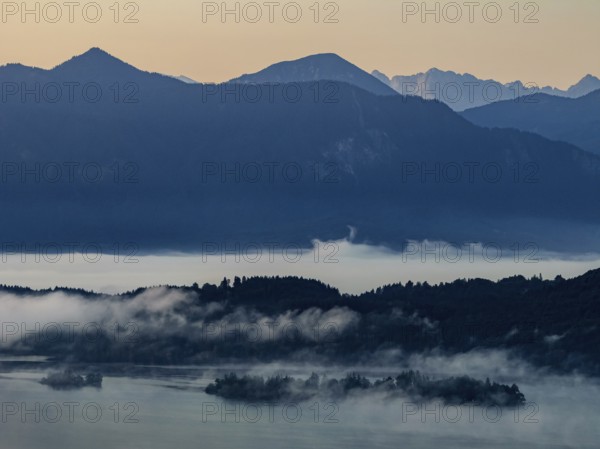 Lake, mountains, morning light, sunrise, fog, summer, Staffelsee, Murnau, Alpine foothills, Bavaria, Germany