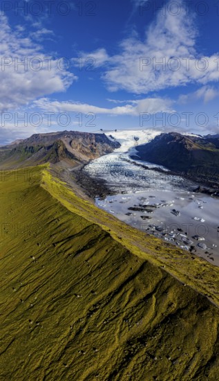 Ice floes, glacier, glacier lake, glacier lagoon, morning light, cloudy mood, panorama, summer, fog, aerial view, Kviarjökull, Iceland
