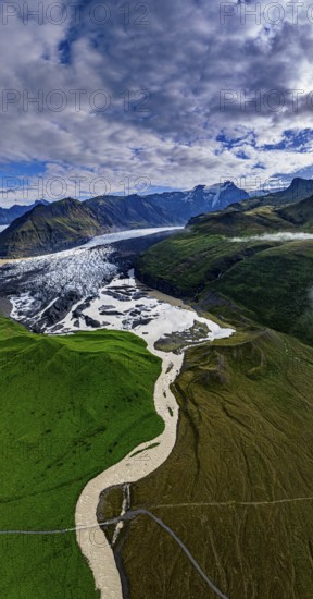 Ice floes, glacier, glacier lake, glacier lagoon, morning light, cloudy mood, panorama, summer, fog, aerial view, Svinafellsjökull, Skaftafell, Iceland