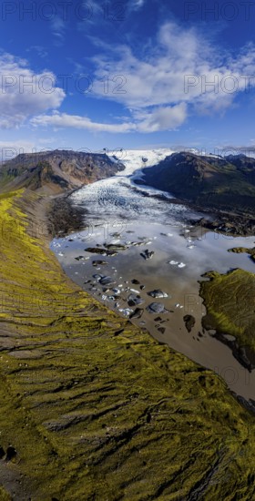 Ice floes, glacier, glacier lake, glacier lagoon, morning light, cloudy mood, panorama, summer, fog, aerial view, Kviarjökull, Iceland