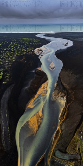 River, river course, river delta, sea, coast, clouds, panorama, summer, aerial view, South Iceland, Iceland