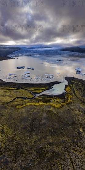 Glacier, glacial lake, cloudy mood, panorama, summer, fog, aerial view, Fjallsjökull, Iceland