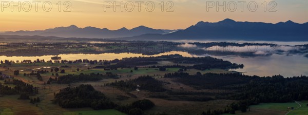 Lake, mountains, morning light, sunrise, fog, summer, panorama, Staffelsee, Murnau, Alpine foothills, Bavaria, Germany